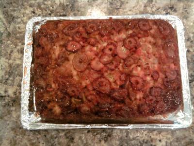 Strawberry Rhubarb Upside Down Cake<br>Doesn't look good, but it is!  Trust me!